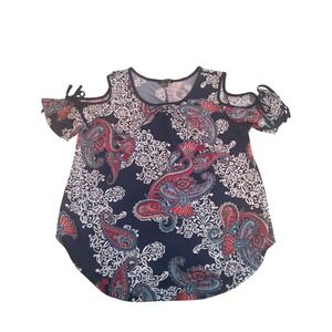 Sami & Jo Womens Paisley Cold Shoulder Top Navy Blue Red Floral Blouse Medium